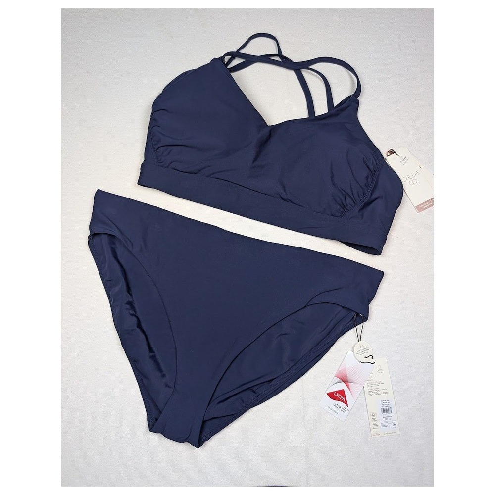CALIA Two‎ Piece Swimsuit Size XXL Ruched Bikini Top Mid-Rise Bottom UPF 50+ NEW